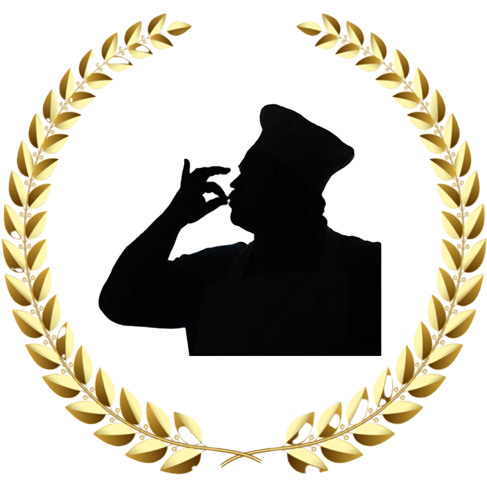 Sihlouette of a chef doing a chef's kiss, surrounded by gold wreath